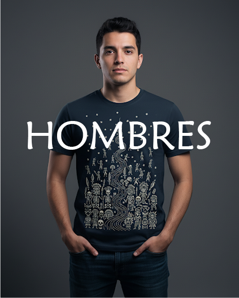 Modelo mexicana usando una playera azul marino con estampado estilo mexicano, calaveras y colores llamativos.